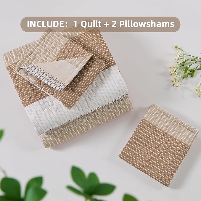Andency Taupe Striped Quilt King, 3 Pieces Patchwork Bedspread Coverlet Set - Image 7
