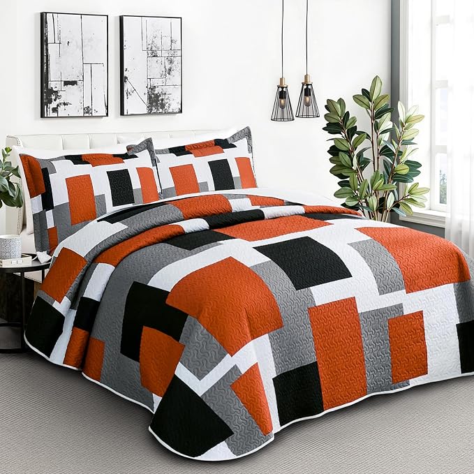 Tyrot 3 Piece Orange Grey Quilt Set King Size Black White Gray Geometric - Image 2