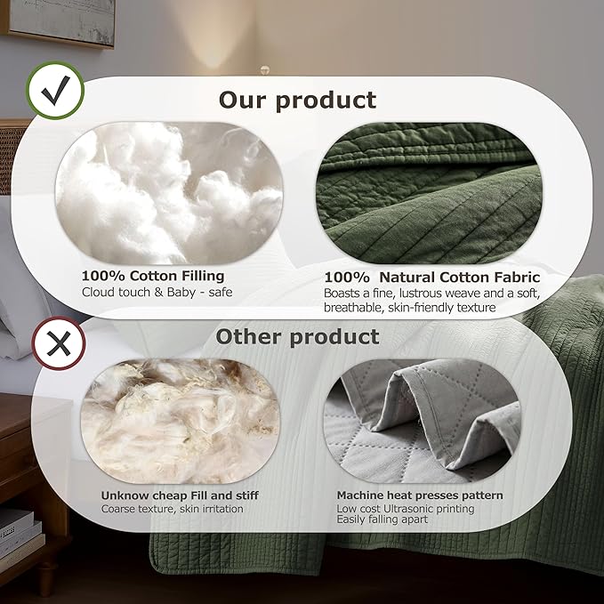palassio Striped Olive Green 100% Cotton Quilt King Size Bedding Sets, - Image 7