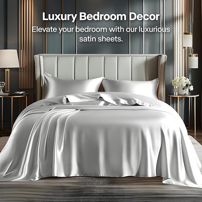 BEDELITE Satin Sheets Queen Size Bed Set, Luxury Soft Grey Silky Sheets - Image 2