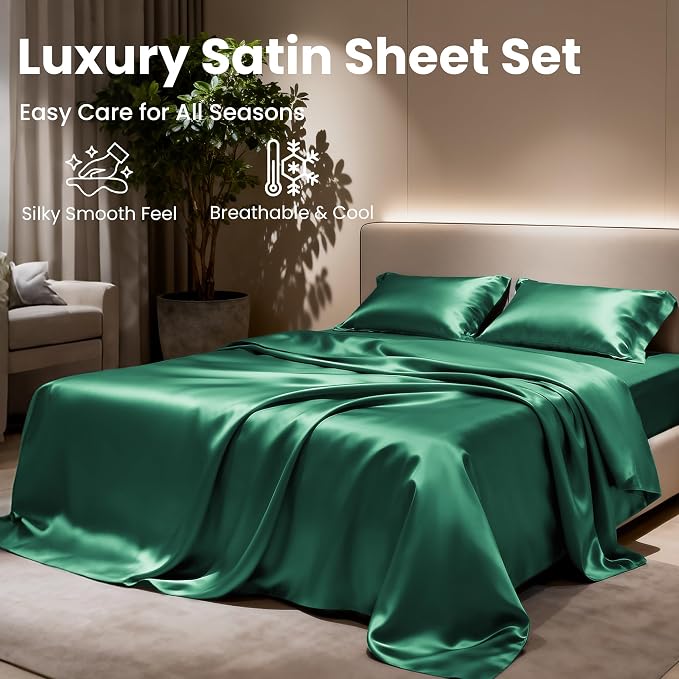 Love's cabin 4Piece California King Satin Bed Linen Set, Dark Green Silky Satin - Image 8