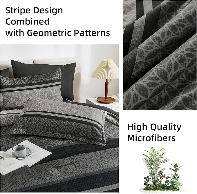 WONGS BEDDING 7 Pieces Comforter Set King Size, Dark Grey Black Striped Bed in - Image 8