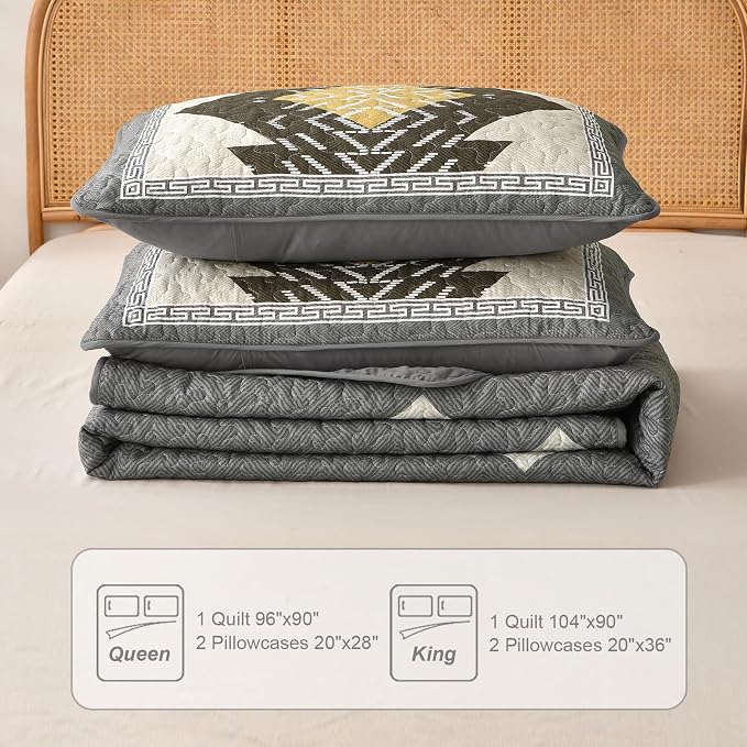 Dintszyayue Boho Quilt Set King Size, 3 Pieces Texture Southwestern Gray - Image 8