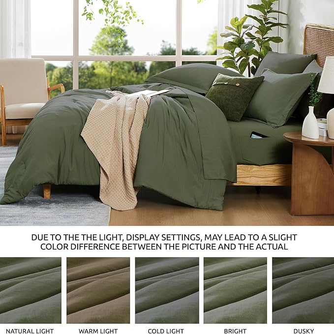 WRENSONGE California King Size Comforter Sets, 7 Pieces Olive Green Bed in a Bag - Image 7
