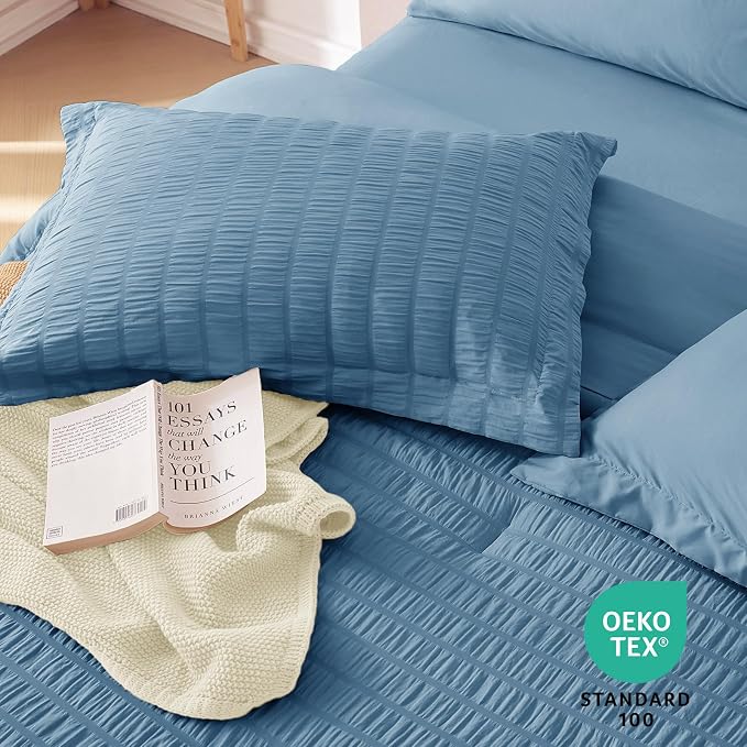 MUXHOMO 7 Pieces Queen Comforter Set, Seersucker Bed in a Bag Queen Size - Image 8