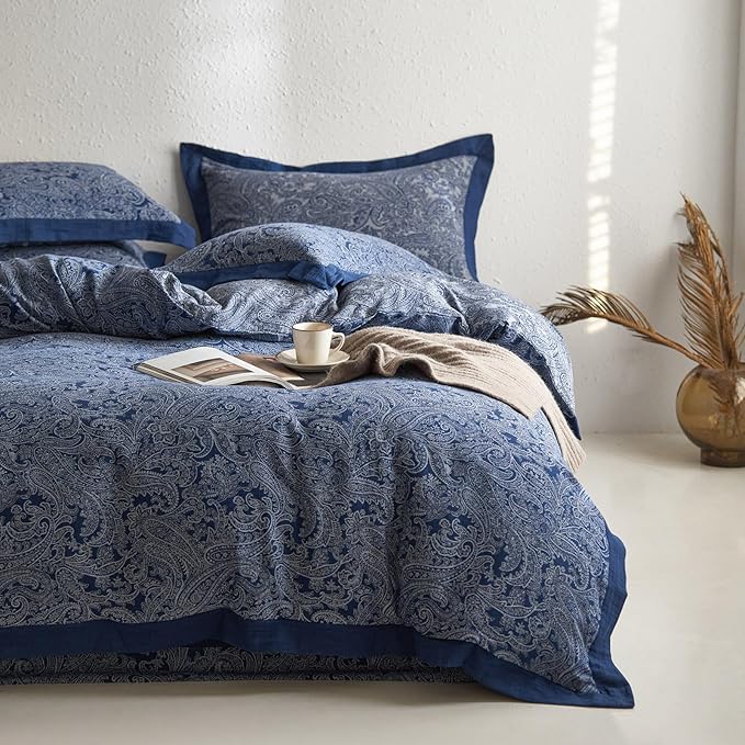 mixinni Muslin Cotton Vintage Navy Blue Paisley Floral Duvet Cover Queen Size by mixinni