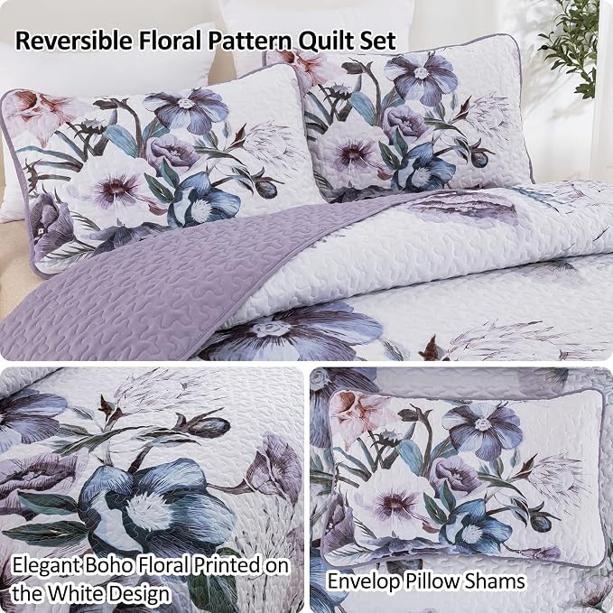 Drucon Purple Floral Quilt Set Queen Size 3 Pieces Purple Botanical Flower - Image 3