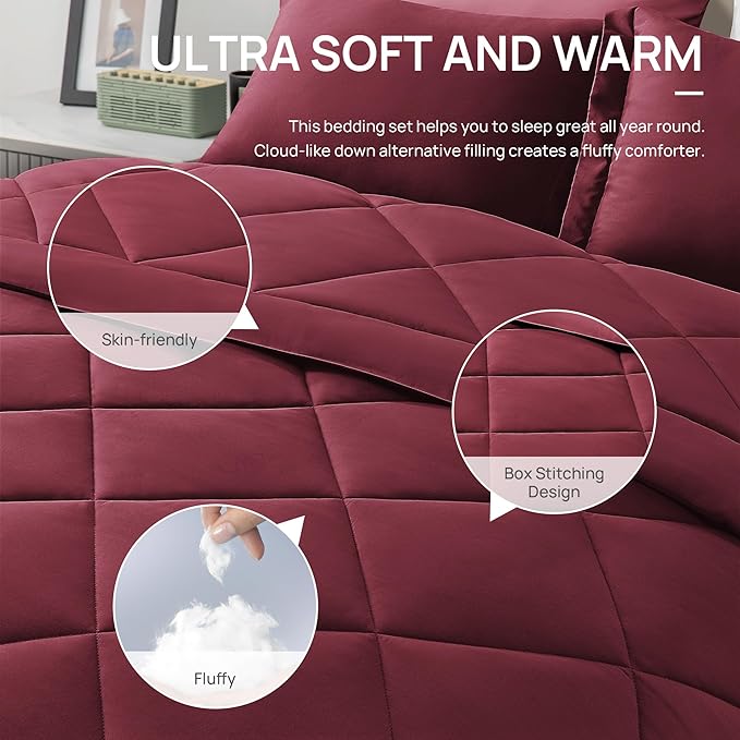 Love's cabin King Size Comforter Set Burgundy, 7 Pieces King Bed in a Bag - Image 4