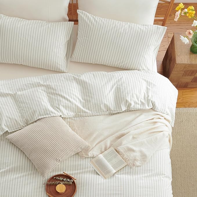 Nayoroom Striped Duvet Cover Queen Size 100% Washed Cotton White Brown Stripe - Image 4