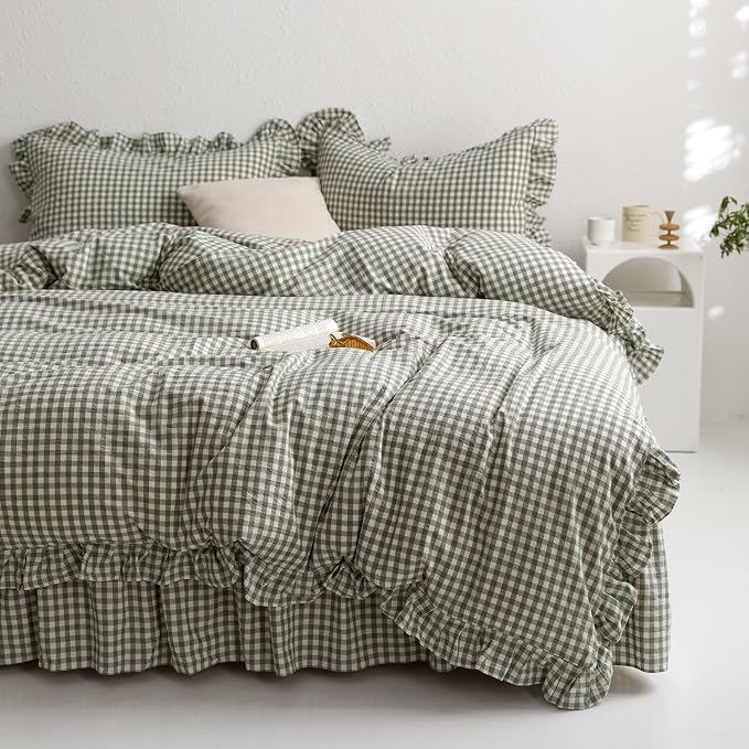 MKXI Sage Green Gingham Duvet Cover Twin XL, 3-Piece Ruffled Bedding Set - Image 2