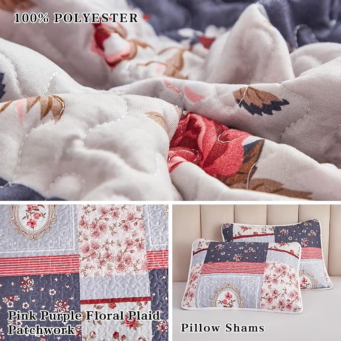 Patchwork Quilt Set King Size, 3 Pieces Pink Purple Floral Plaid Summer - Image 6