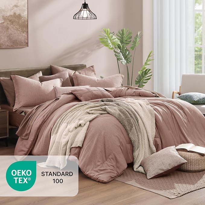 Monbix Full Size Comforter Set-7 Pieces Dusty Pink Cationic Dyeing Bed in a Bag - Image 2
