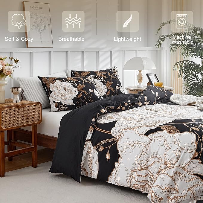 mixinni Floral Duvet Cover King Size, 3 Pieces White Flowers and Gold Leaves - Image 2