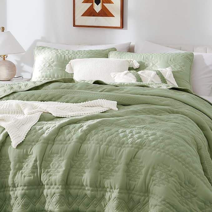 WDCOZY Boho Sage Green Quilts Queen Size Bedding Sets - Image 3