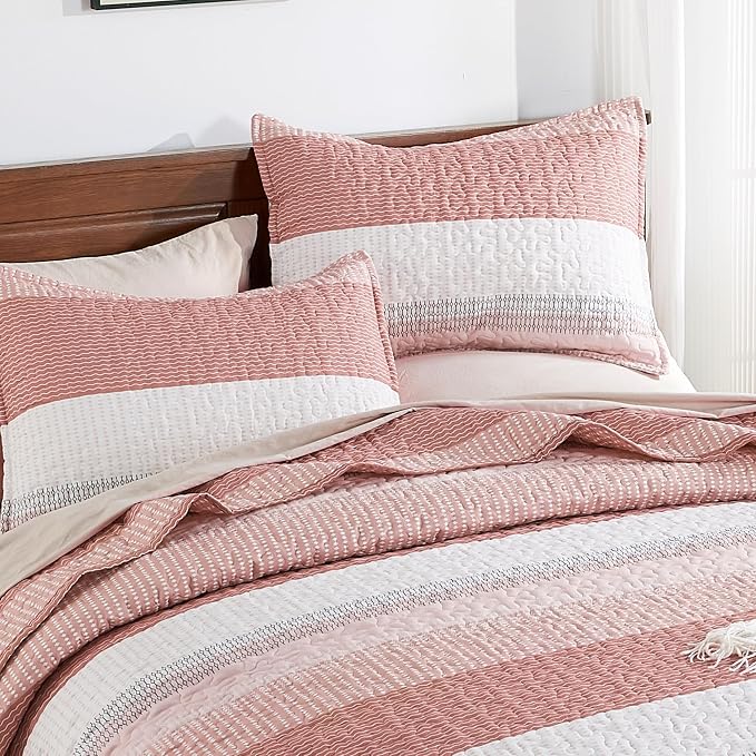 Andency Queen Quilt Bedding Set Blush Pink, 3 Pieces Patchwork Summer Striped - Image 9