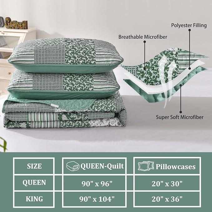 Mybedsoul Sage Green Boho King Quilt Set, 3-Piece Reversible Soft Plaid Floral - Image 5