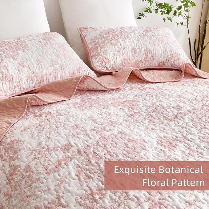 WONGS BEDDING Quilt Set Queen Size, 3 Pieces Pink Floral Plants Printed - Image 5