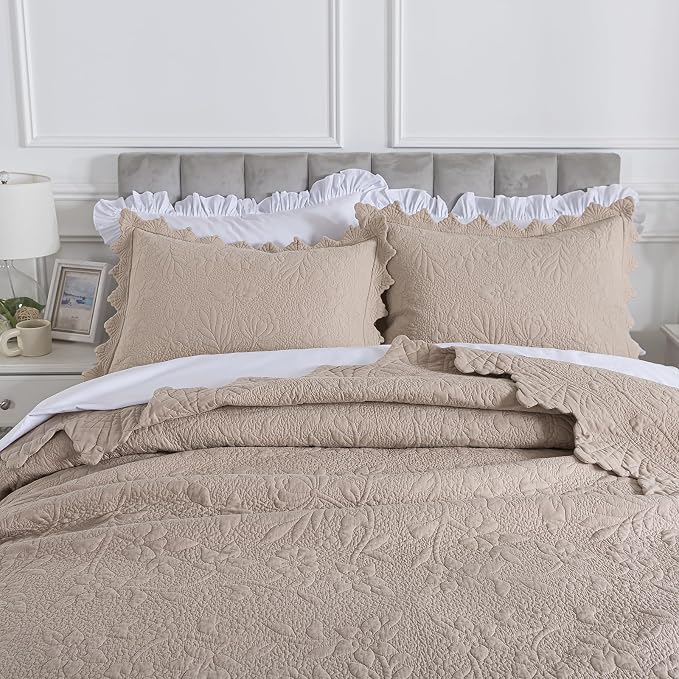 Brandream Khaki Cotton Quilt Set Queen Size Vintage Cottage Floral Vine - Image 4