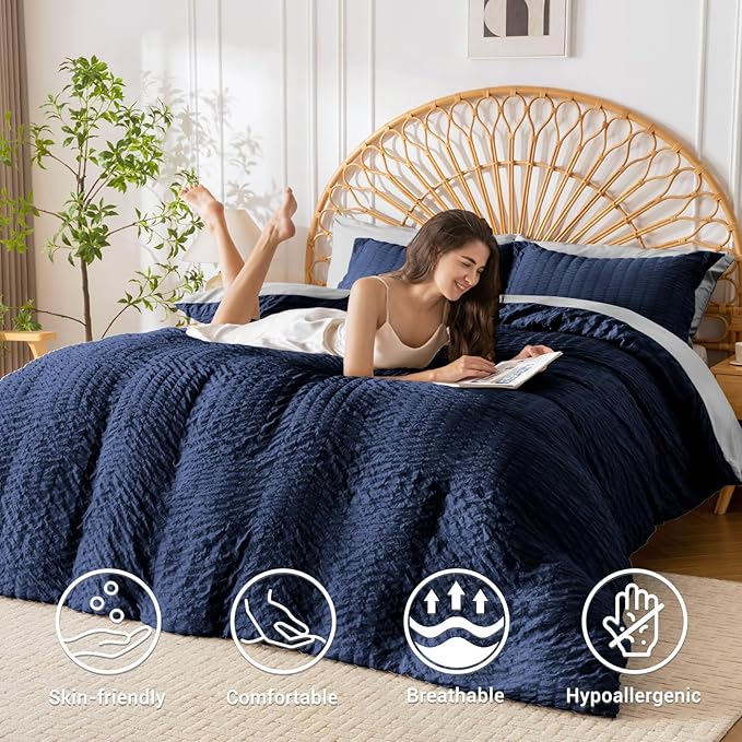 HYMOKEGE Navy Blue/Light Grey Duvet Cover Queen Size, Ultra Soft 3-Piece - Image 2
