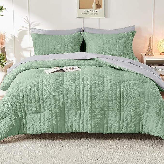 HYMOKEGE Sage Green/Light Grey Full Size Comforter Sets Seersucker 7 Pieces - Image 9