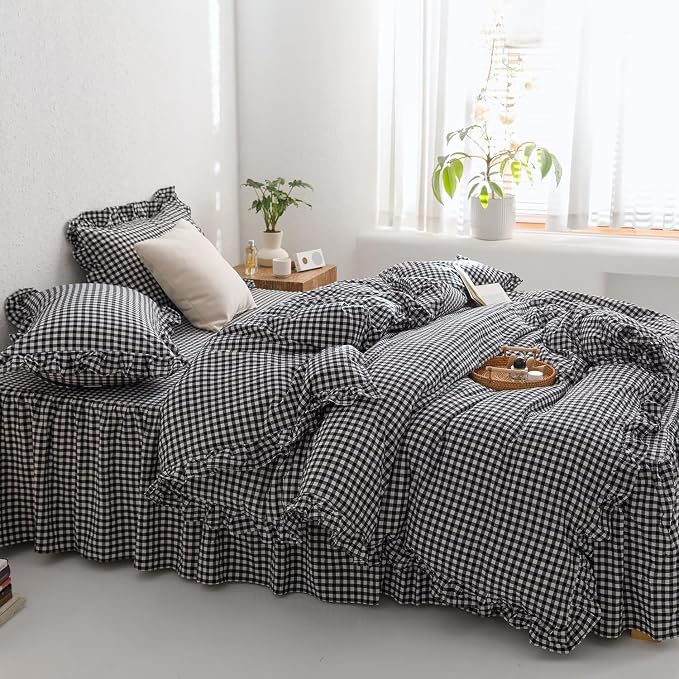 MKXI Black and White Gingham Duvet Cover Full, 3-Piece Ruffled Bedding Set - Image 6