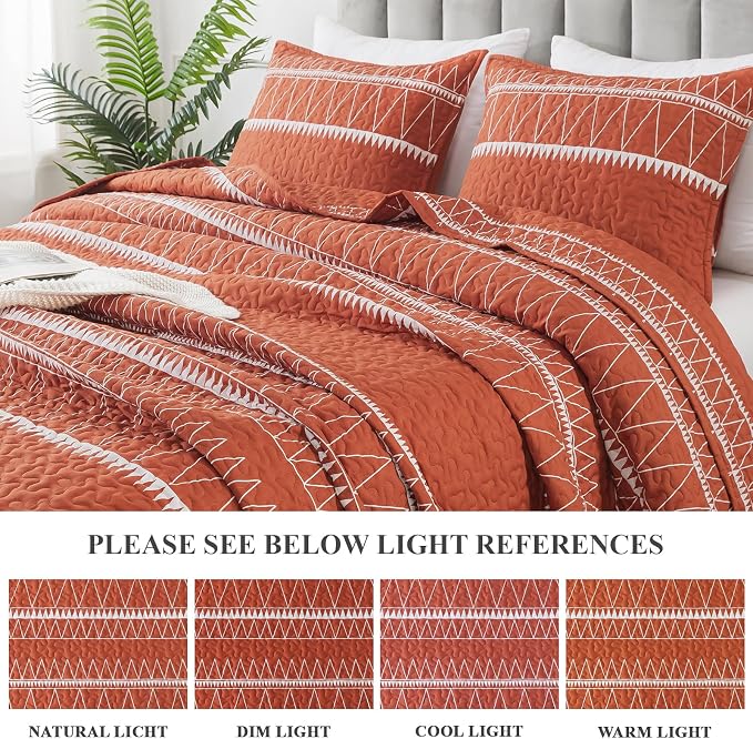 Andency Terracotta King Size Quilt Set, 3 Pieces Boho Lightweight Soft Striped - Image 4