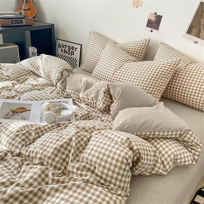 Nayoroom Gingham Duvet Cover Twin Size Brown Tan Plaid Checkered Comforter - Image 3