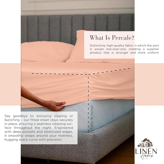 Linen Home 100% Cotton Percale Sheets Twin Size, Tropical Peach, Deep Pocket - Image 4