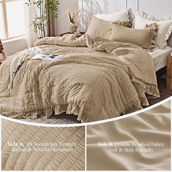 JOLLYVOGUE King Size Comforter Set, 3 Pieces Khaki Seersucker Comforters King - Image 5
