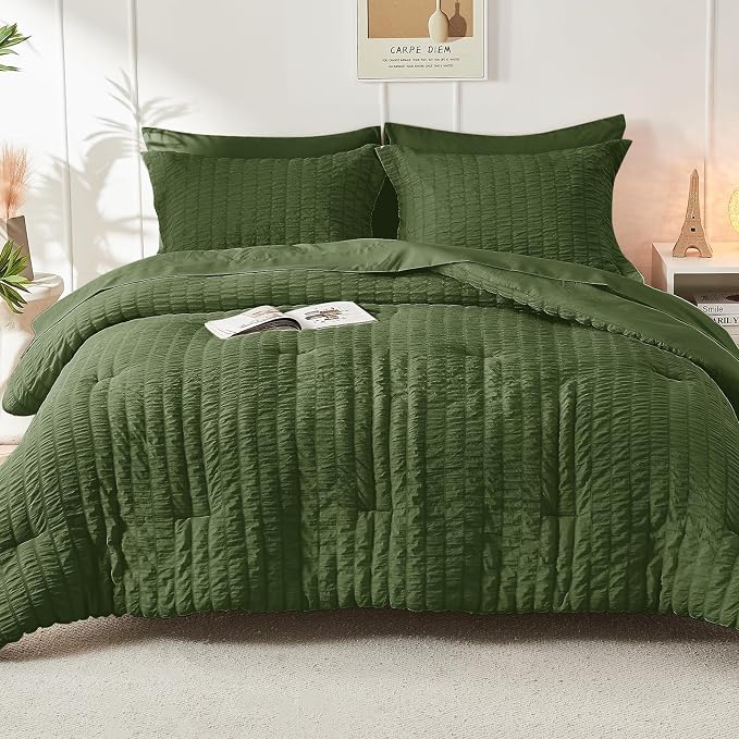HYMOKEGE Olive Green Queen Comforter Set Seersucker 7 Pieces, All Season Luxury - Image 9