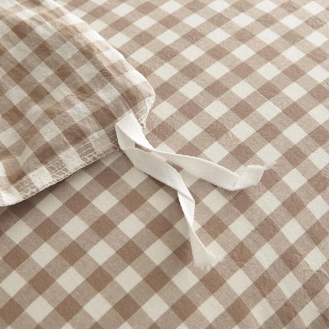 Nayoroom Gingham Duvet Cover Queen Size 100% Washed Cotton Brown Tan Plaid - Image 6