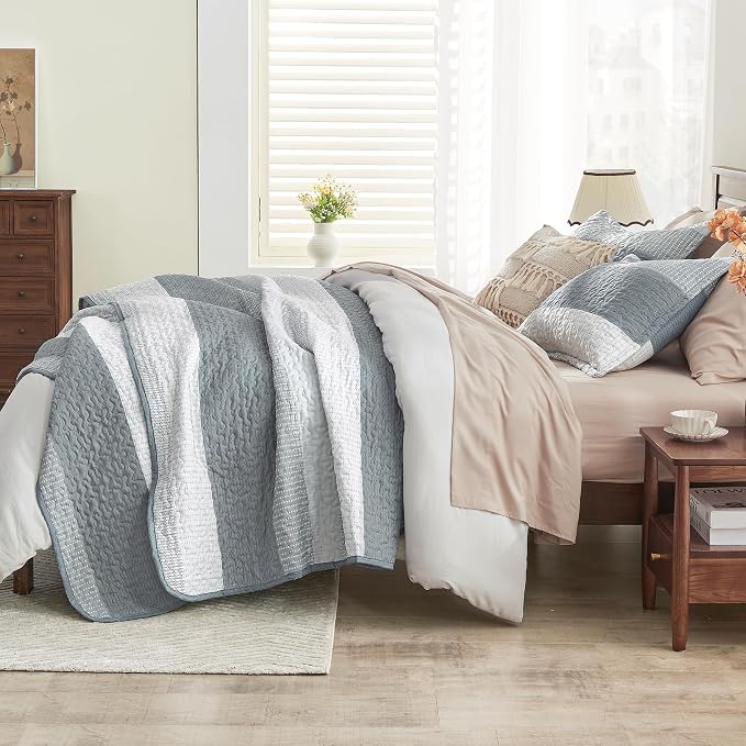 Andency Grey Striped Quilt Set Cal King, 3 Pieces Patchwork Bedspread Coverlet - Image 3