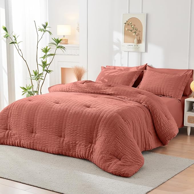HYMOKEGE Coral Twin Comforter Set Seersucker 5 Pieces, All Season Luxury Bed in - Image 8