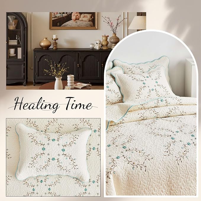 ROOMLIFE Quilt Set Queen Size 3D Floral Embroidery Pattern 3-Piece Cotton - Image 7