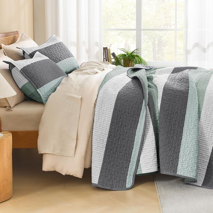 Litanika Quilt King Size Sage Green, Stripe Patchwork Summer Bedspread Coverlet - Image 2