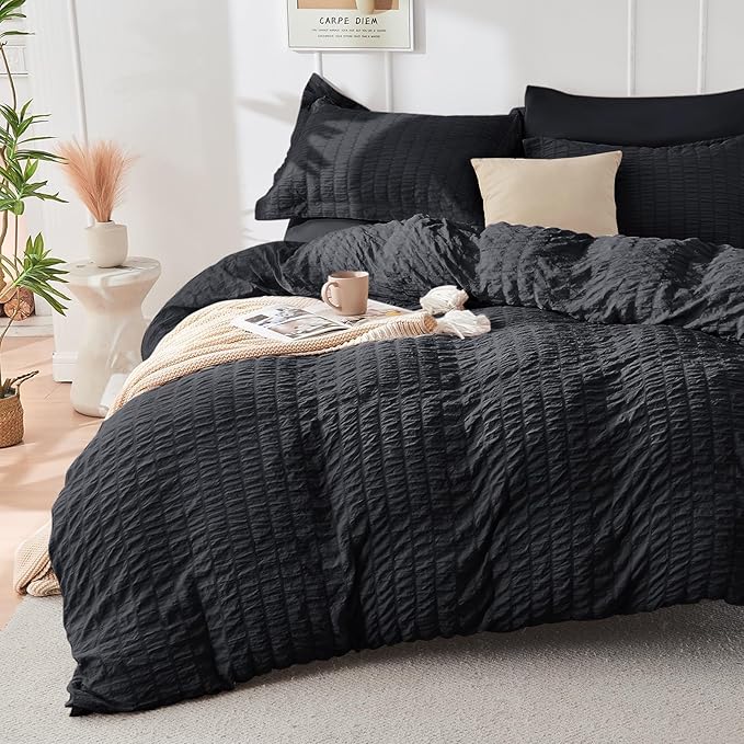 HYMOKEGE Black Duvet Cover Full Size, Ultra Soft 3-Piece Seersucker Duvet Cover by HYMOKEGE