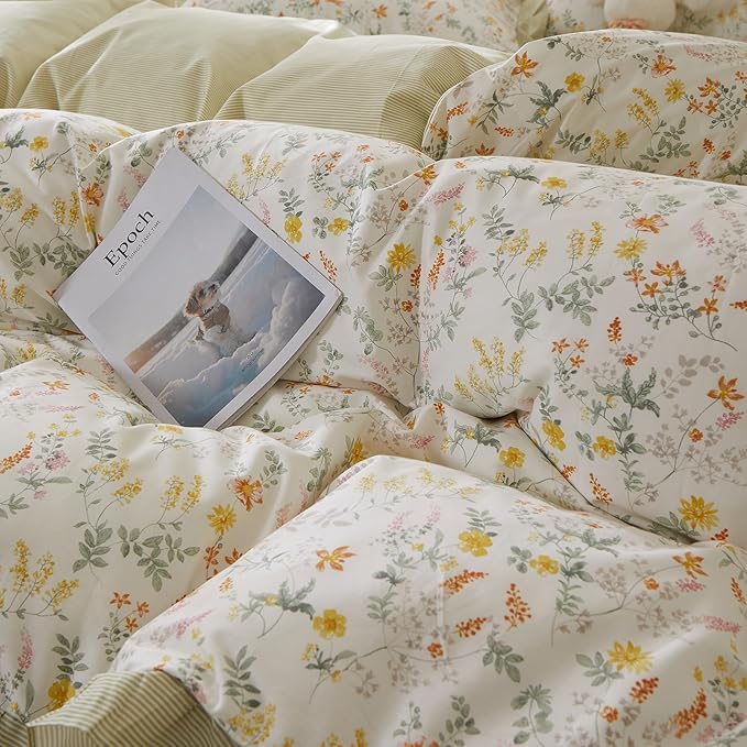 mixinni 100% Cotton Duvet Cover Set Queen, Reversible Spring Floral Ruffle - Image 7