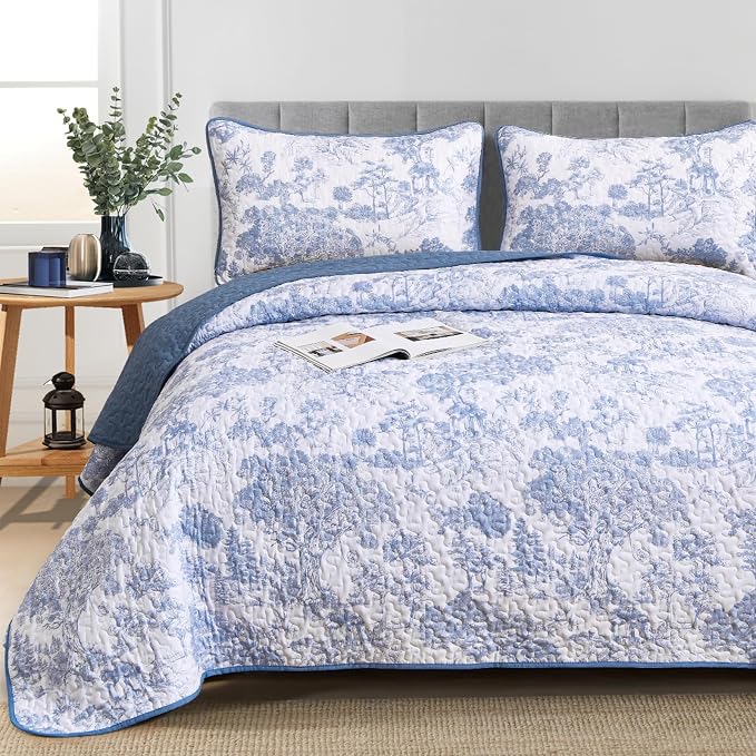 WONGS BEDDING Blue Quilt Set Full Size, 3 Pieces Botanical Bedspreads Set - Image 7