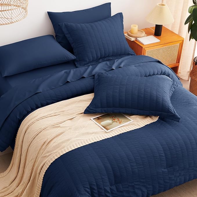 CozyLux Oversized Queen Comforter Set Navy Blue Seersucker 7 Pieces 98x98 Bed - Image 6