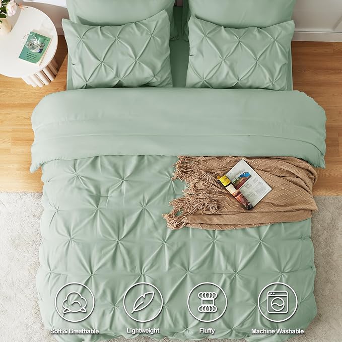 CozyLux Full Size Comforter Sets Sage Green, 7 Pieces Pintuck Bed in A Bag - Image 2