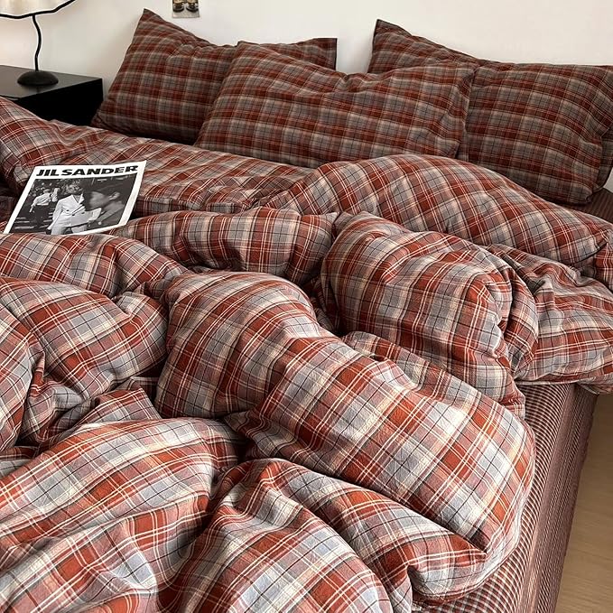 PinkMemory Caramel Blue Gingham Duvet Cover Queen 100% Washed Cotton Buffalo - Image 3