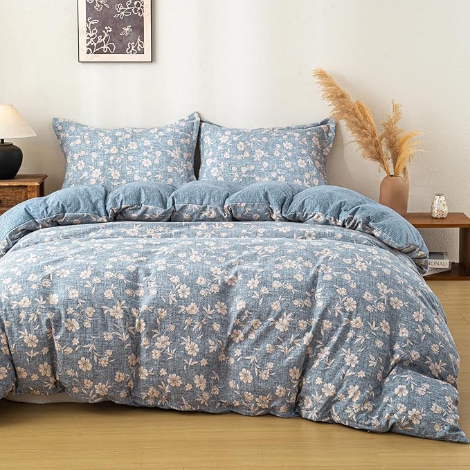 OAITE Blue Flower King Size Duvet Cover-3 Pieces Prewashed Cotton-Like by OAITE