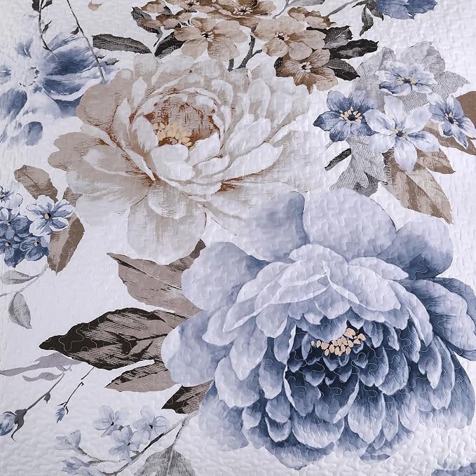 WONGS BEDDING Floral Quilt Set Blue Full Size 3 Pieces Elegant Botanical Print - Image 9