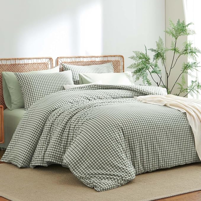 Nayoroom Gingham Duvet Cover Full Size 100% Washed Cotton Green Plaid Checkered - Image 3