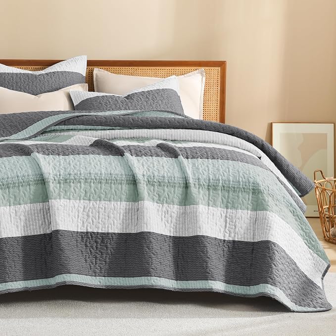 Litanika Oversized King Quilt Set Sage Green, 128x120 Stripe Bedspread Coverlet - Image 8