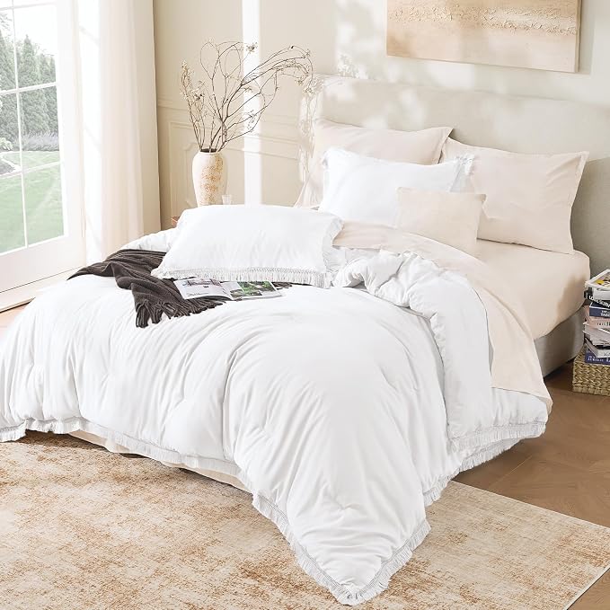 Andency White Comforter Set California King, Boho Tassel Lightweight Bedding - Image 6