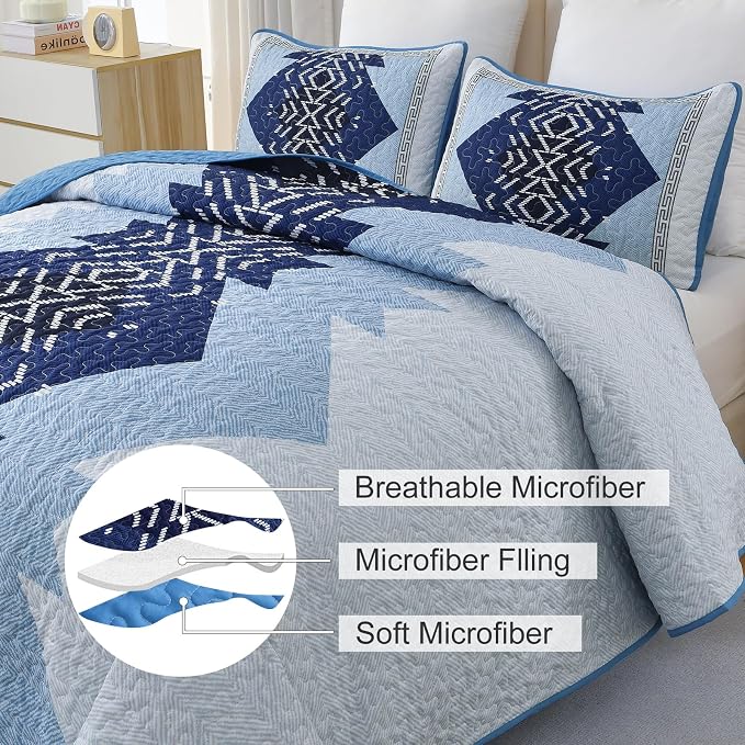 Dintszyayue Blue Quilt Set Queen Size, 3 Pieces Aztec Texture Bedding Coverlet - Image 6