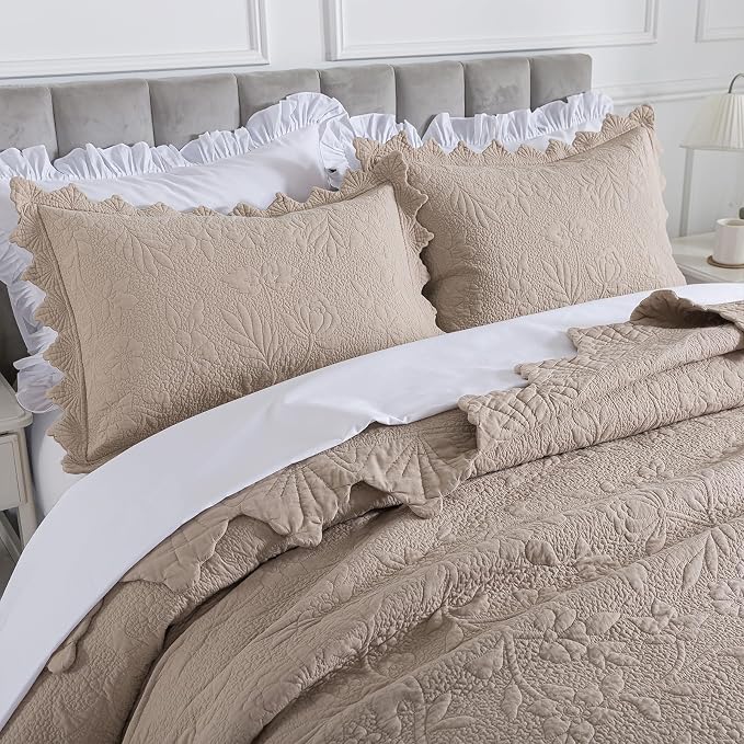 Brandream Khaki Cotton Quilt Set Queen Size Vintage Cottage Floral Vine by Brandream