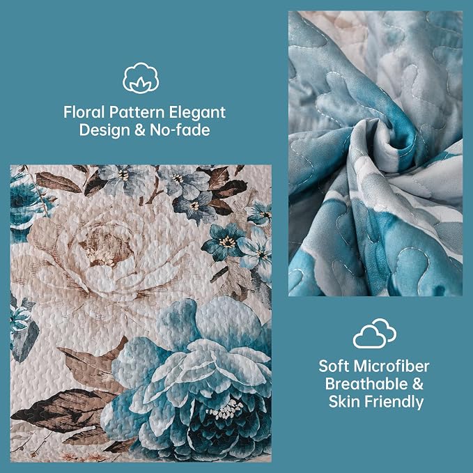 WONGS BEDDING Floral Quilt Set Aqua Queen, Quilted Printed Lightweight - Image 4