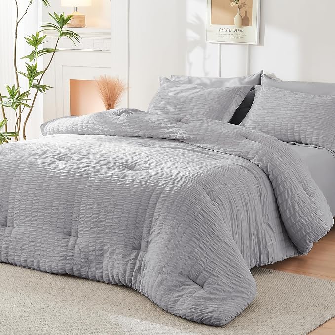 HYMOKEGE Light Grey Oversized Queen Comforter Set Seersucker 7 Pieces, All - Image 8